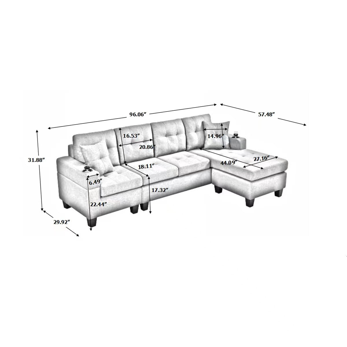 Mega Sectional Sofa Left With Footrest, Convertible Corner Sofa With Armrest Storage, Sectional Sofa For Living Room And Apartment, Chaise Longue Left Grey Gray Foam Fabric