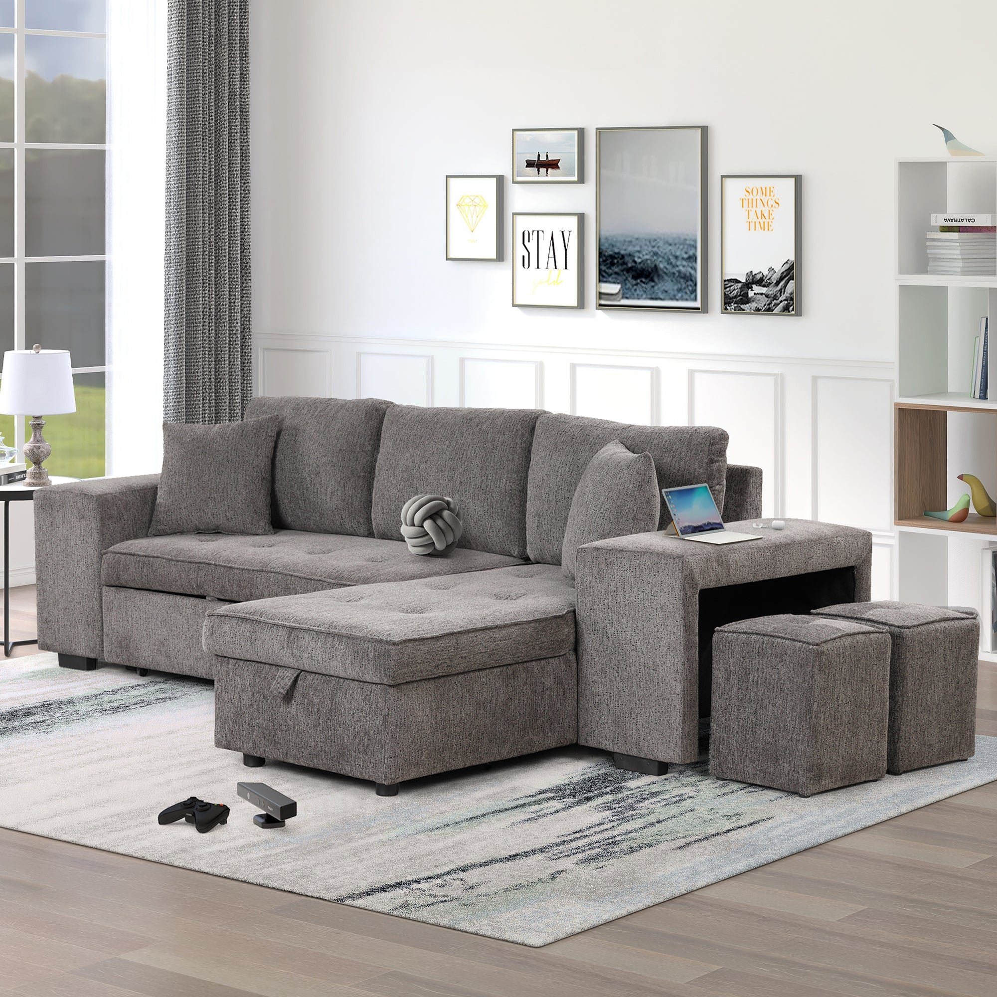 104.5" Modern L Shape 3 Seat Reversible Sectional Couch, Pull Out Sleeper Sofa With Storage Chaise And 2 Stools For Living Room Furniture Set,Knox Charcoal Old Sku:Sg000431Aaa Knox Charcoal Foam Linen 3 Seat