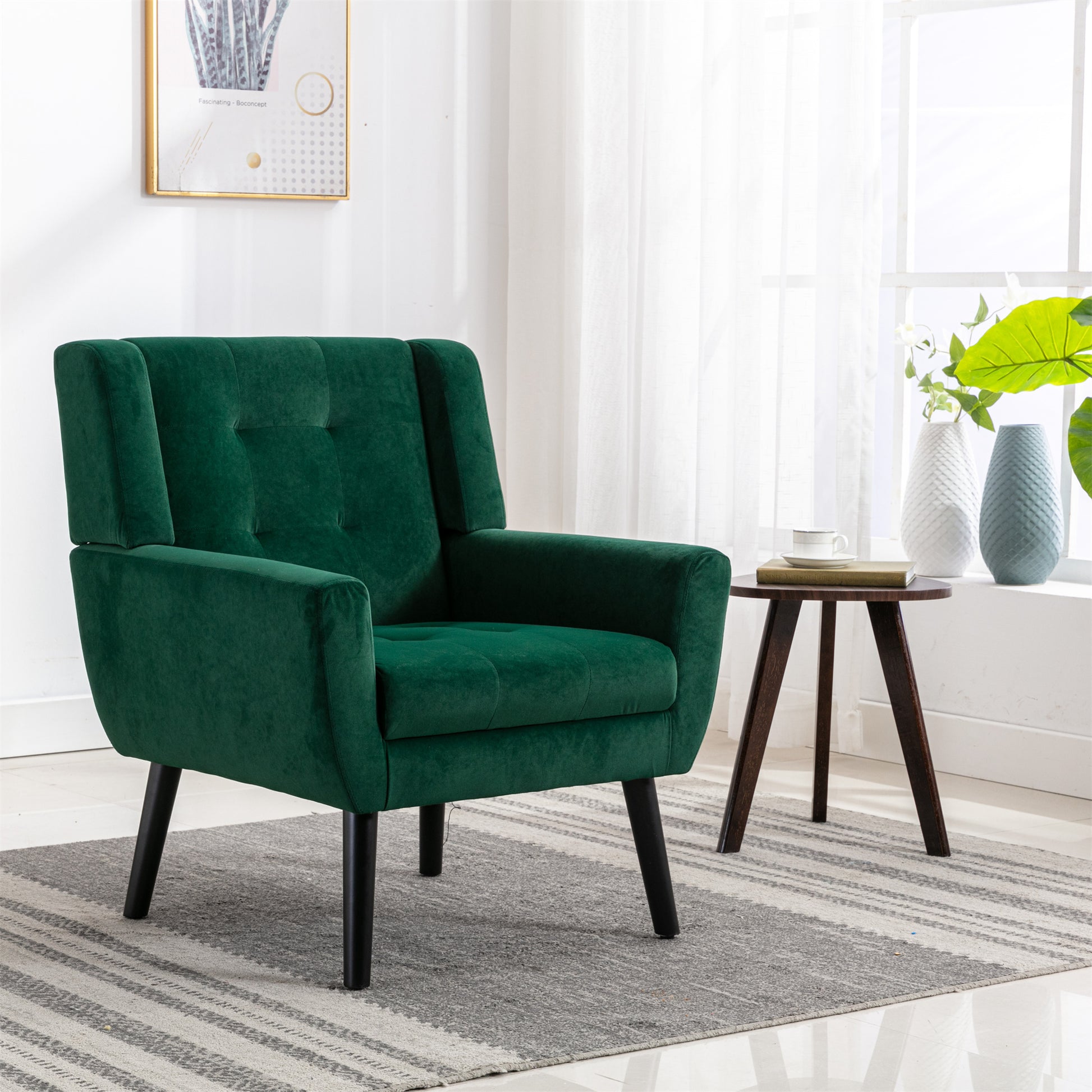 Modern Soft Velvet Material Ergonomics Accent Chair Living Room Chair Bedroom Chair Home Chair With Black Legs For Indoor Home Retro Green Foam Upholstered