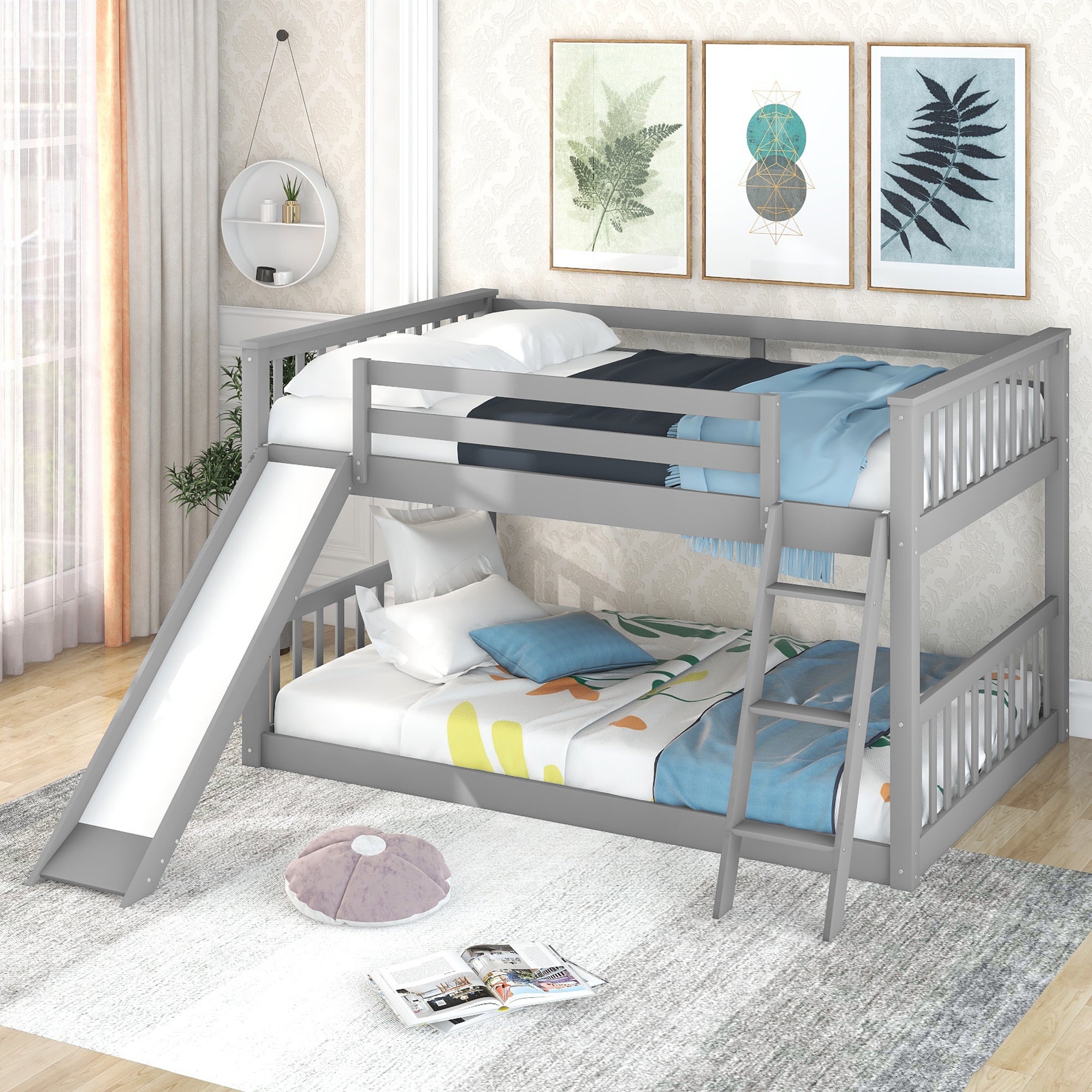 Full Over Full Bunk Bed With Convertible Slide And Ladder, Gray Gray Pine