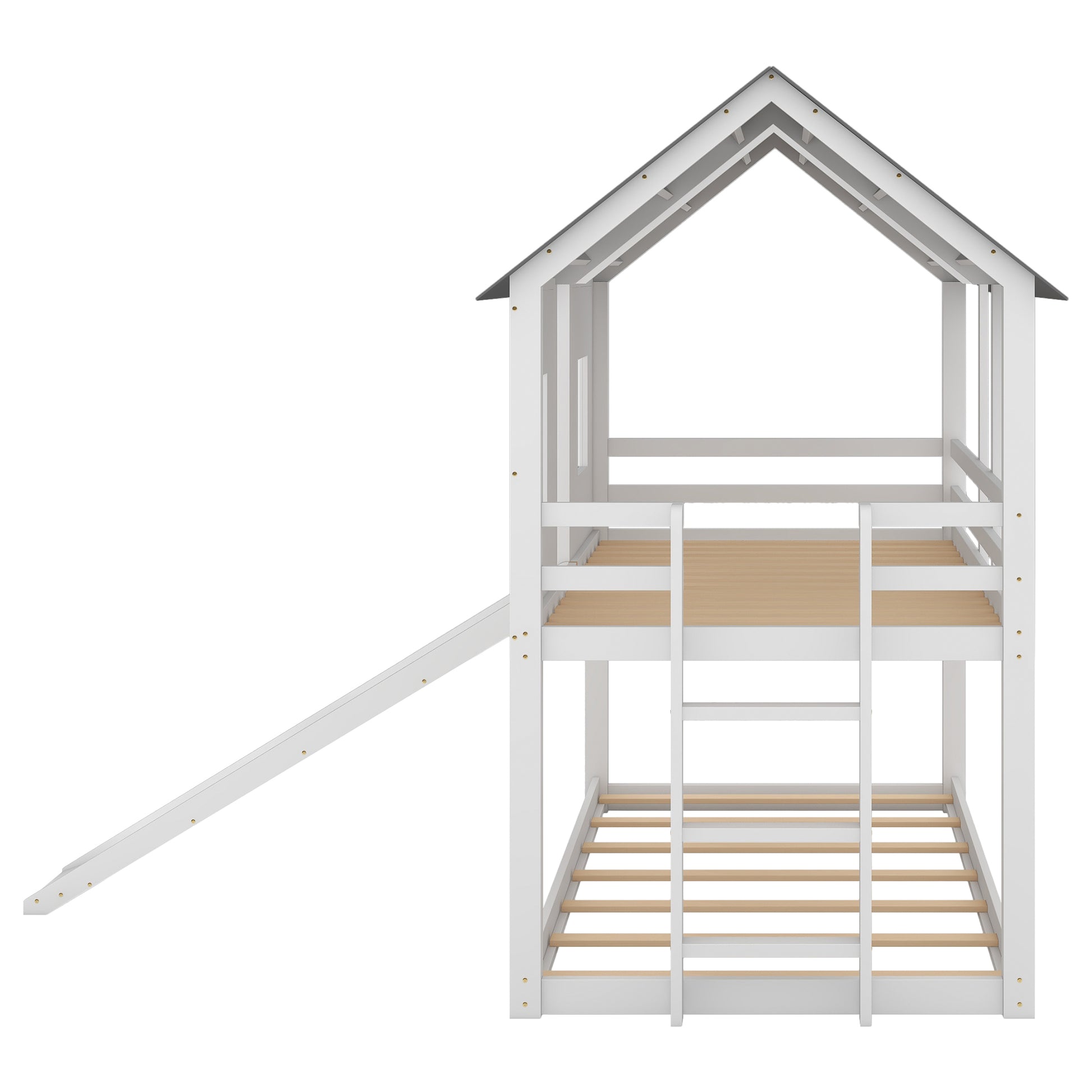 Twin Over Twin House Bunk Bed With Slide And Windows,White White Pine