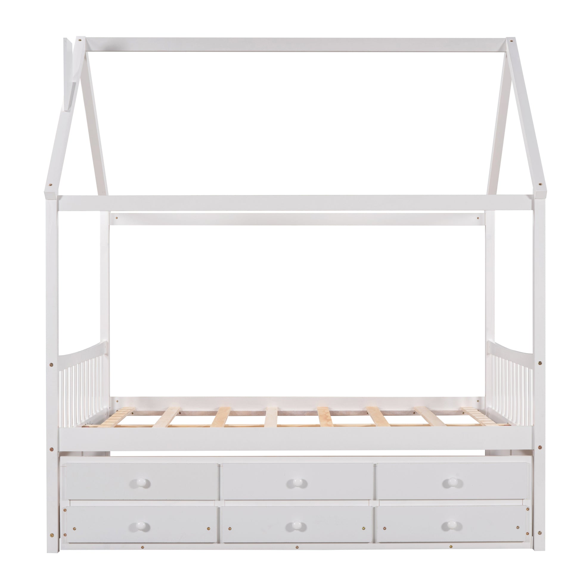 Full Size Wooden House Bed With Trundle And 3 Storage Drawers White White Solid Wood