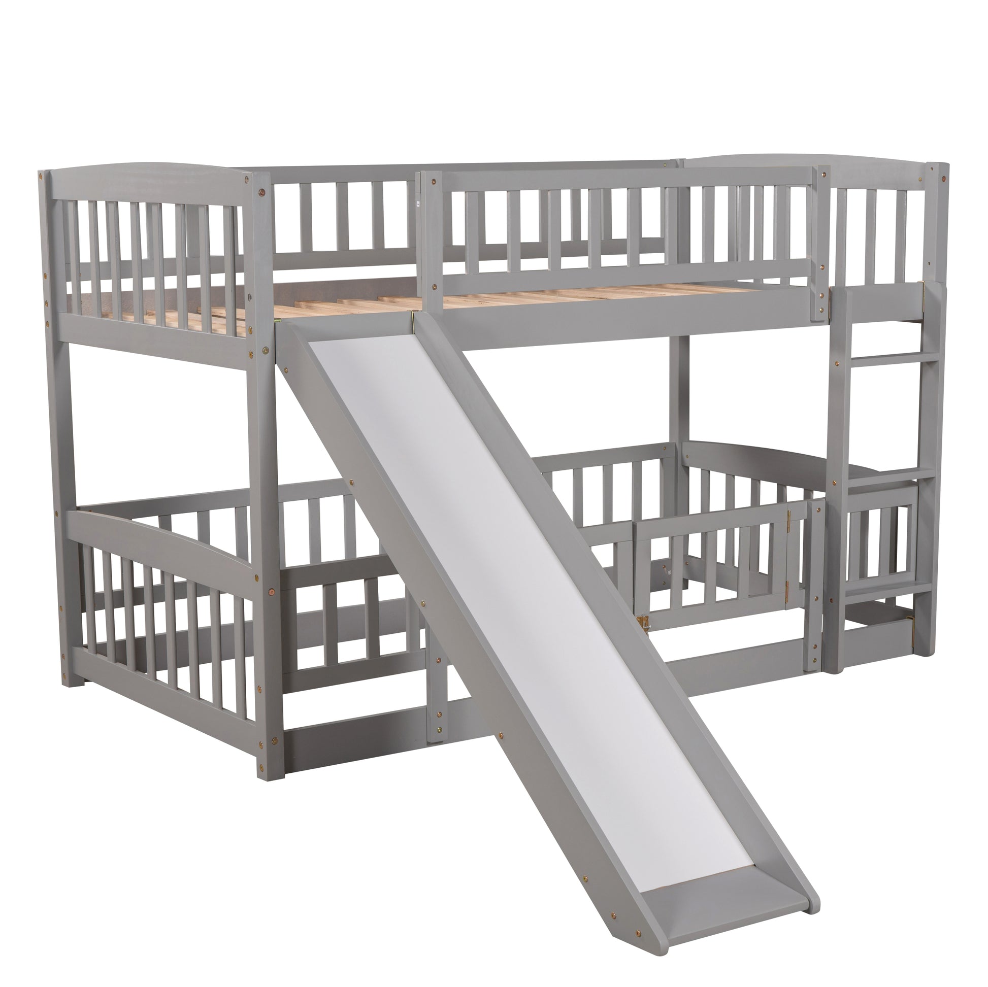 Bunk Bed With Slide,Twin Over Twin Low Bunk Bed With Fence And Ladder For Toddler Kids Teens Grey Grey Solid Wood