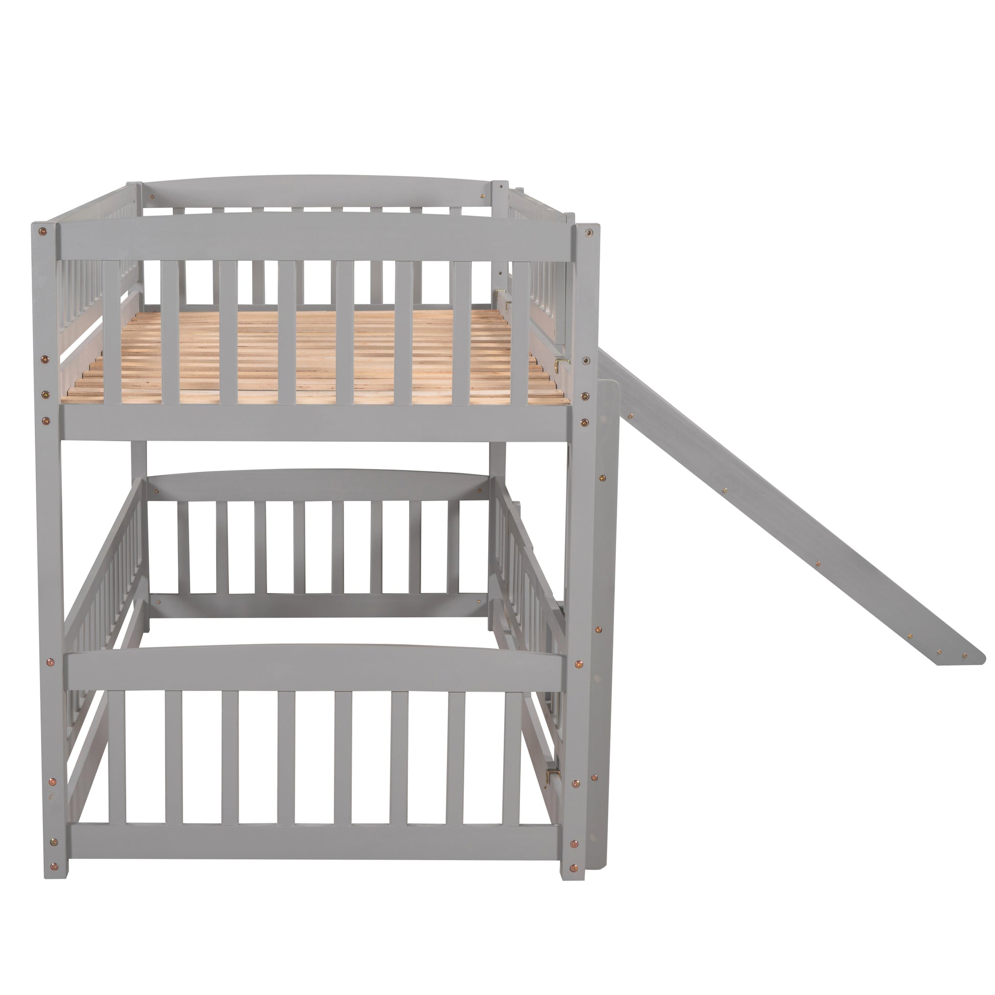 Bunk Bed With Slide,Twin Over Twin Low Bunk Bed With Fence And Ladder For Toddler Kids Teens Grey Grey Solid Wood