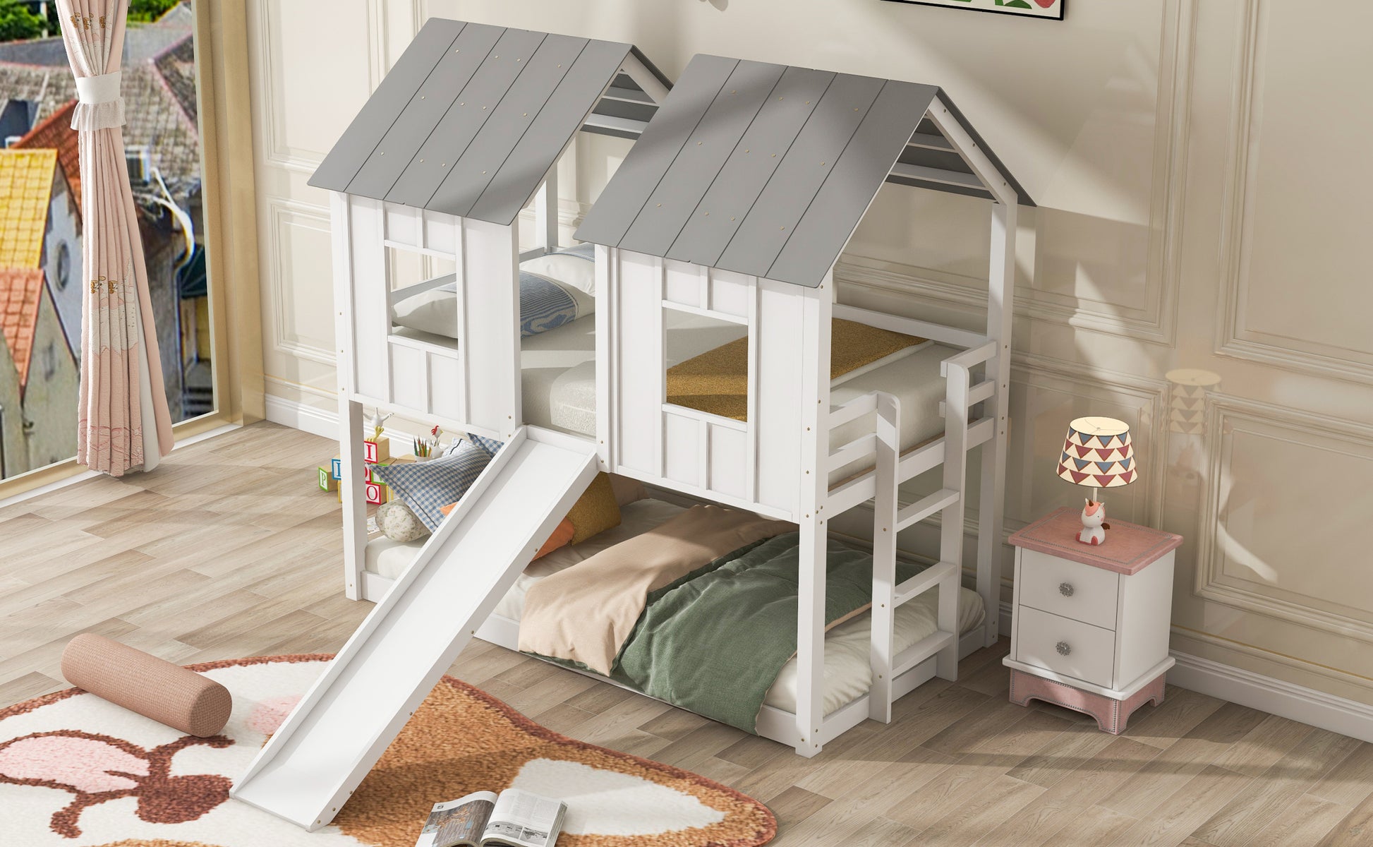 Twin Over Twin House Bunk Bed With Slide And Windows,White White Pine