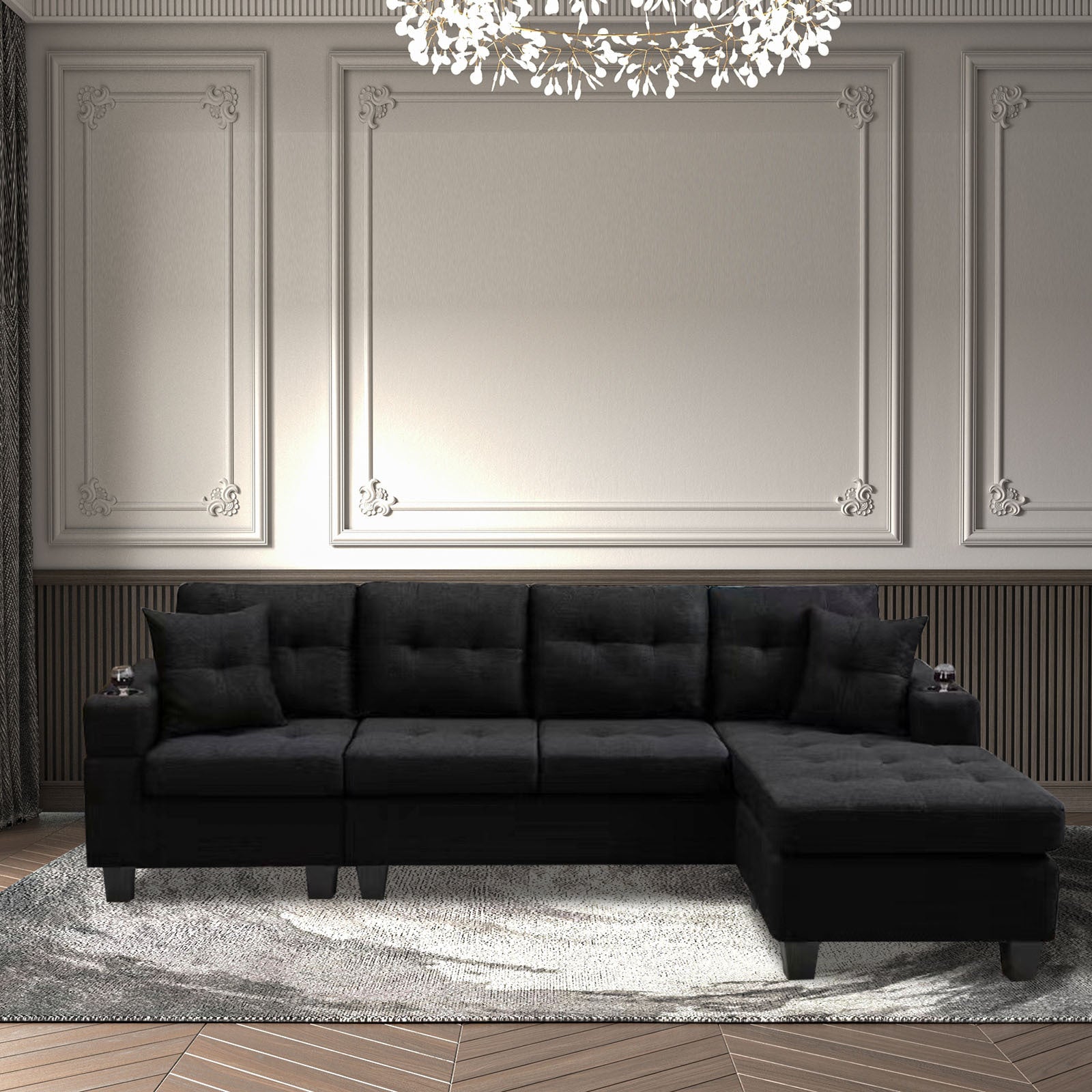 Mega Right Sectional Sofa With Footrest, Convertible Corner Sofa With Armrest Storage, Living Room And Apartment Sectional Sofa, Right Chaise Longue And Grey Black Foam Fabric