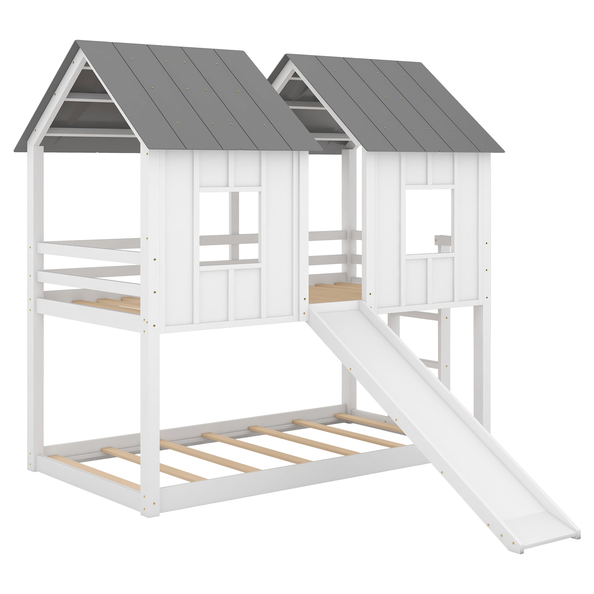 Twin Over Twin House Bunk Bed With Slide And Windows,White Old Sku:Gx000920Aak 1 White Pine