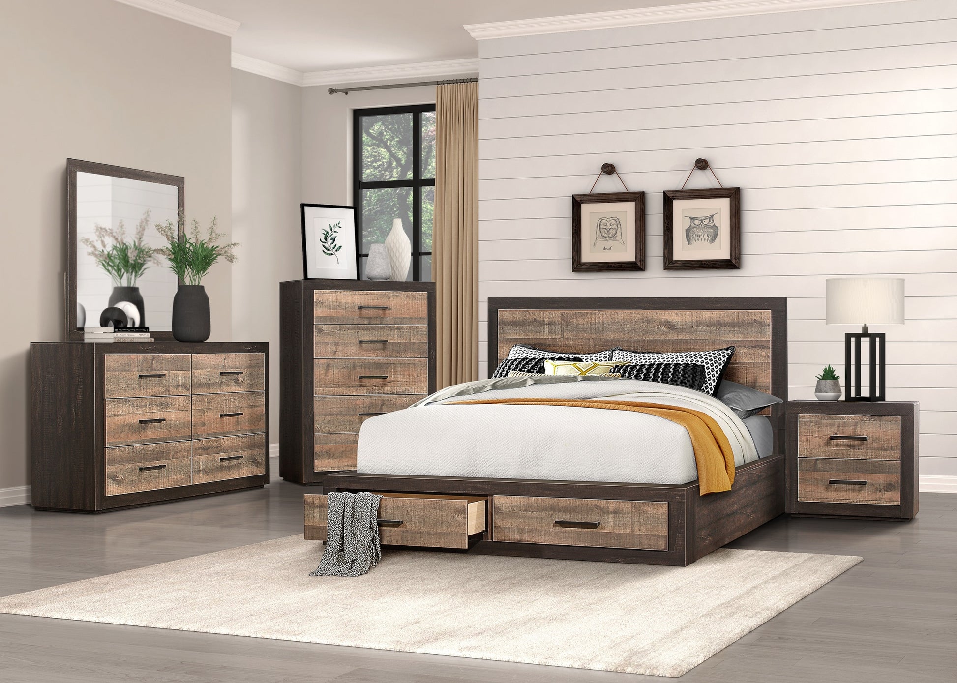 Contemporary Style Bedroom Nightstand Natural Wood Grain Look Two Tone Finish Bed Side Table Faux Wood Veneer Multicolor 2 Drawers Bedroom Wood