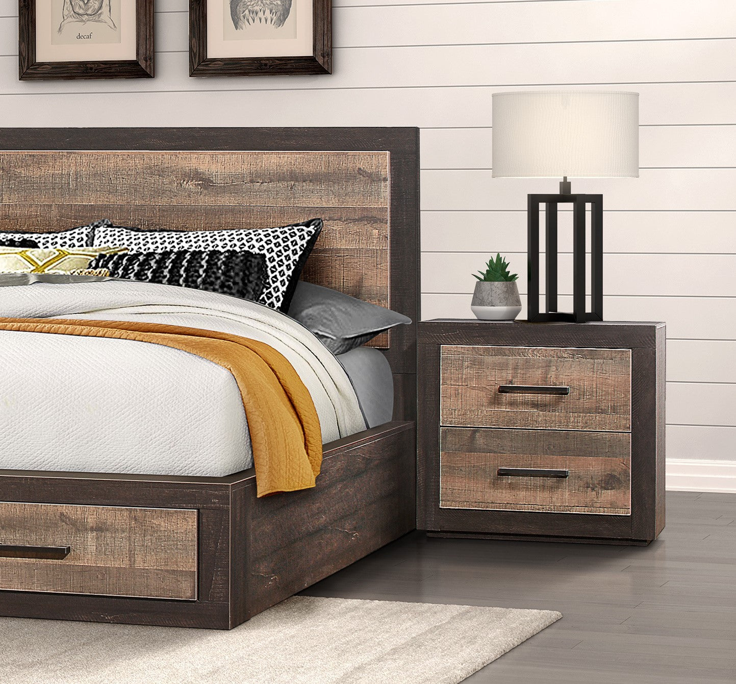 Contemporary Style Bedroom Nightstand Natural Wood Grain Look Two Tone Finish Bed Side Table Faux Wood Veneer Multicolor 2 Drawers Bedroom Wood