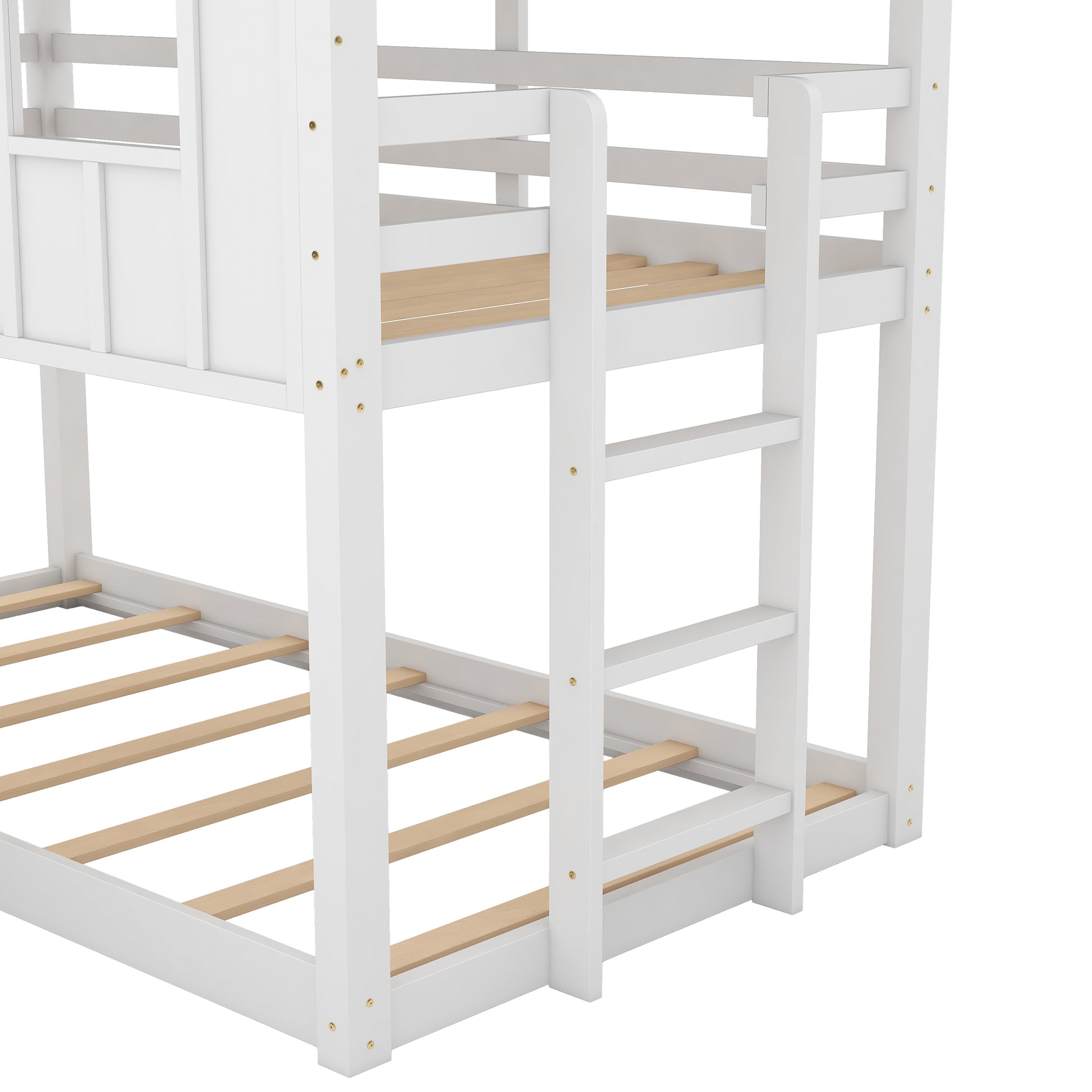 Twin Over Twin House Bunk Bed With Slide And Windows,White White Pine