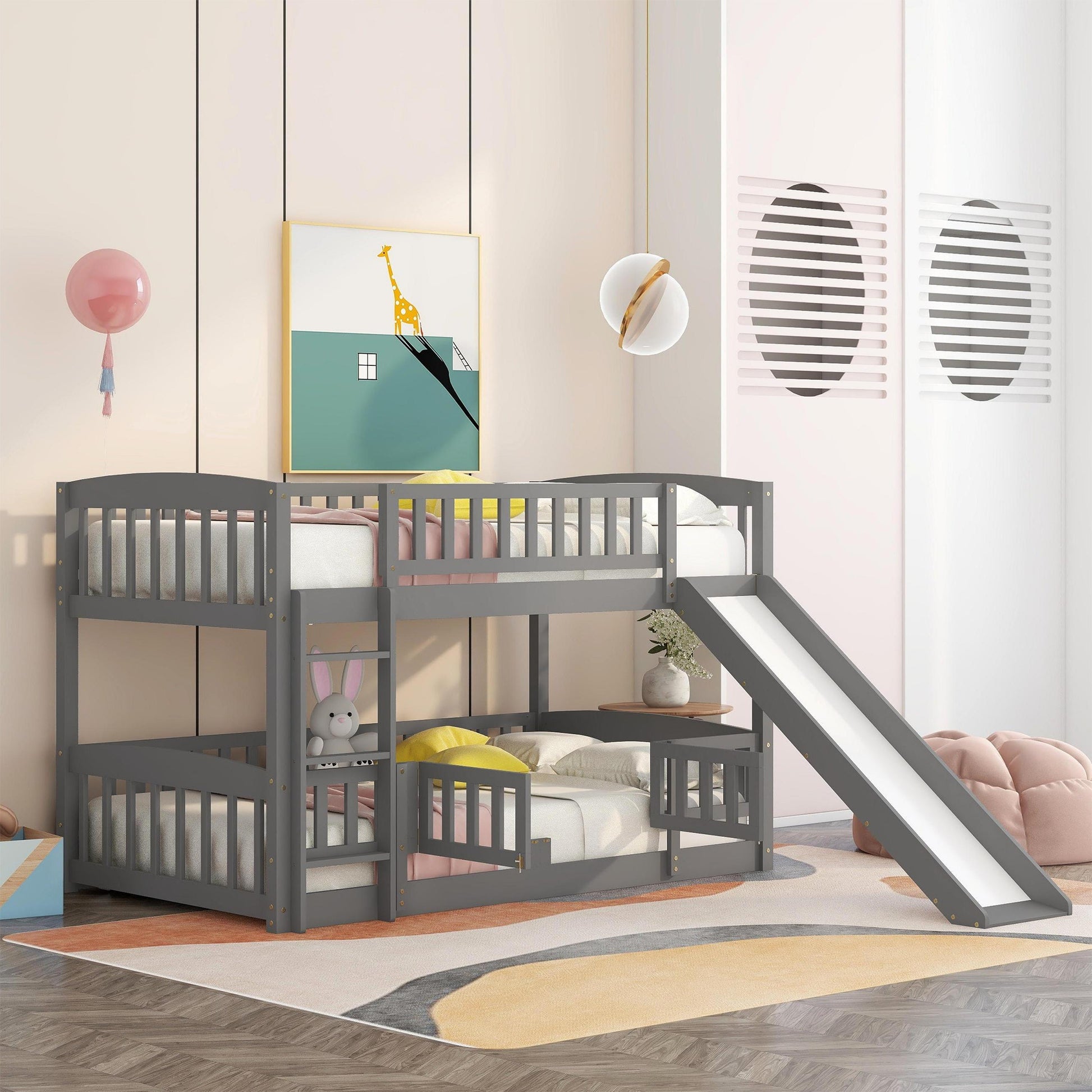 Bunk Bed With Slide,Twin Over Twin Low Bunk Bed With Fence And Ladder For Toddler Kids Teens Grey Grey Solid Wood