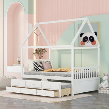 Full Size Wooden House Bed With Trundle And 3 Storage Drawers White White Solid Wood