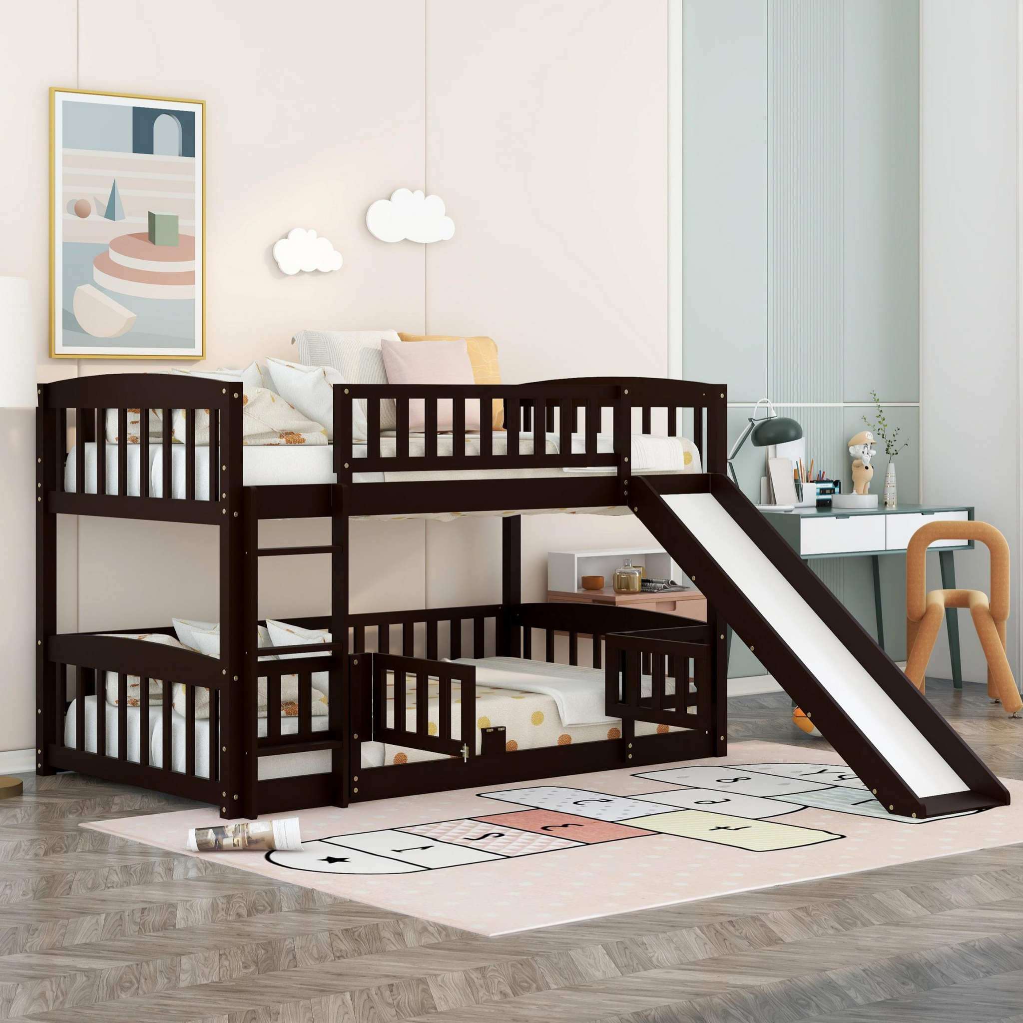 Bunk Bed With Slide,Twin Over Twin Low Bunk Bed With Fence And Ladder For Toddler Kids Teens Espresso Espresso Solid Wood