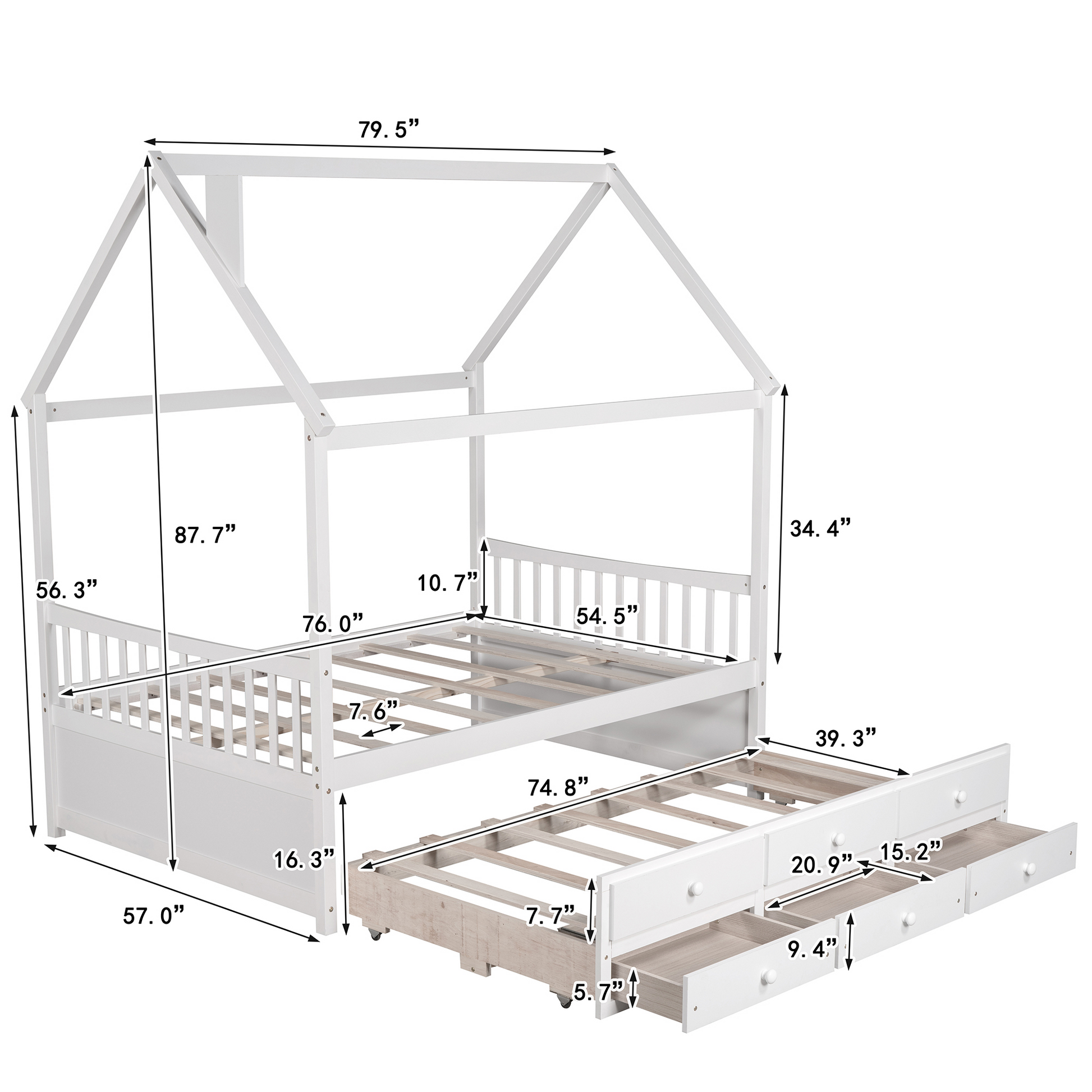 Full Size Wooden House Bed With Trundle And 3 Storage Drawers White White Solid Wood