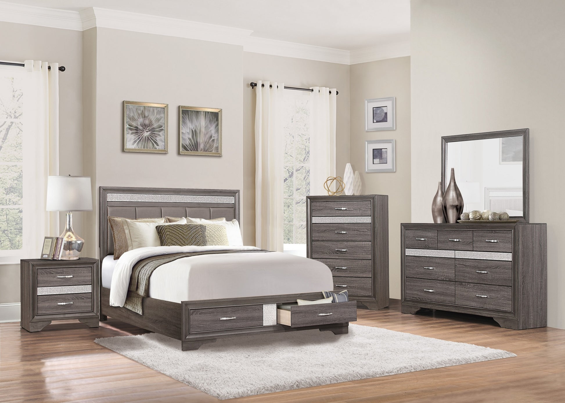 Queen Platform Bed With Footboard Drawers Upholstered Headboard, Gray And Silver Glitter, Contemporary Bedroom Furniture Box Spring Not Required Queen Gray Wood Bedroom Contemporary Storage Included Faux Leather Wood