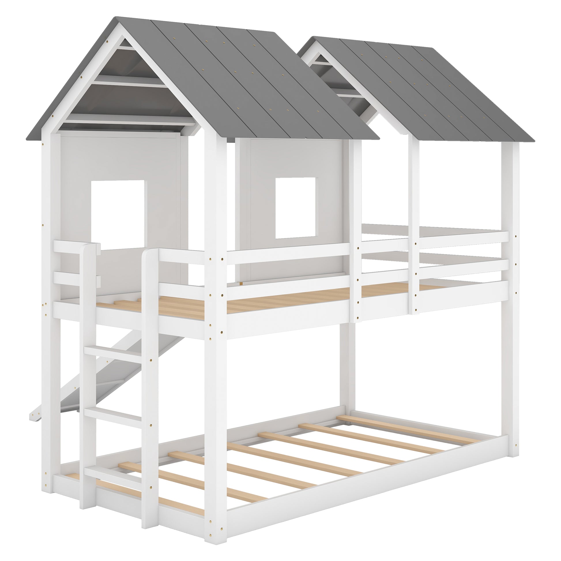 Twin Over Twin House Bunk Bed With Slide And Windows,White White Pine