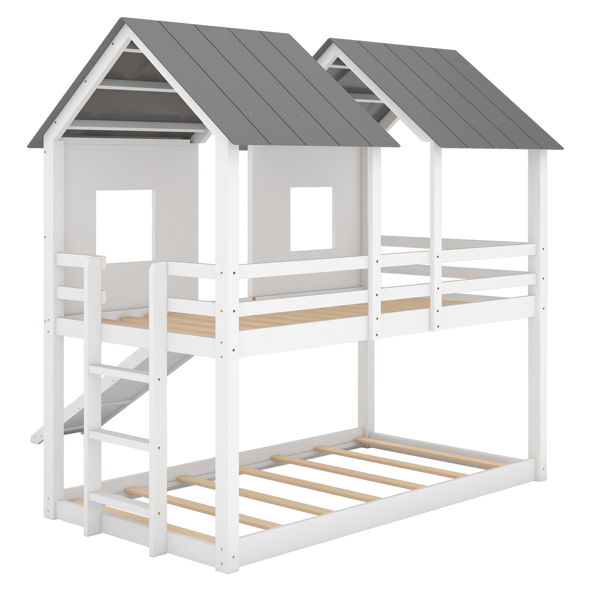 Twin Over Twin House Bunk Bed With Slide And Windows,White Old Sku:Gx000920Aak 1 White Pine