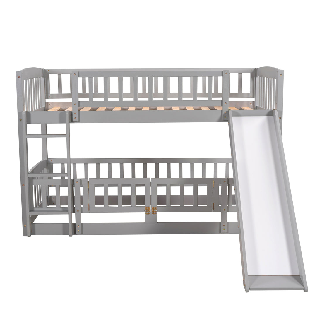 Bunk Bed With Slide,Twin Over Twin Low Bunk Bed With Fence And Ladder For Toddler Kids Teens Grey Grey Solid Wood