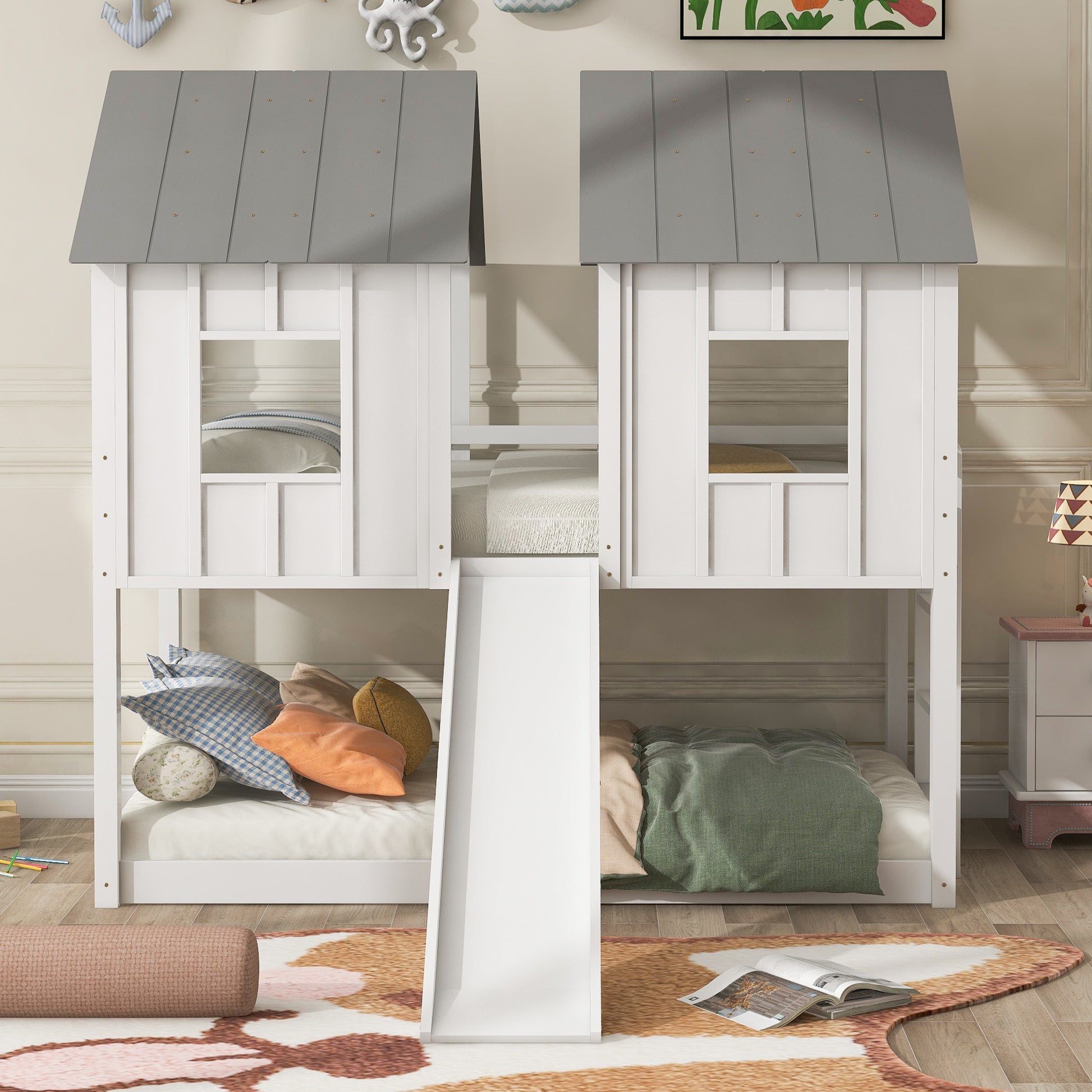 Twin Over Twin House Bunk Bed With Slide And Windows,White White Pine