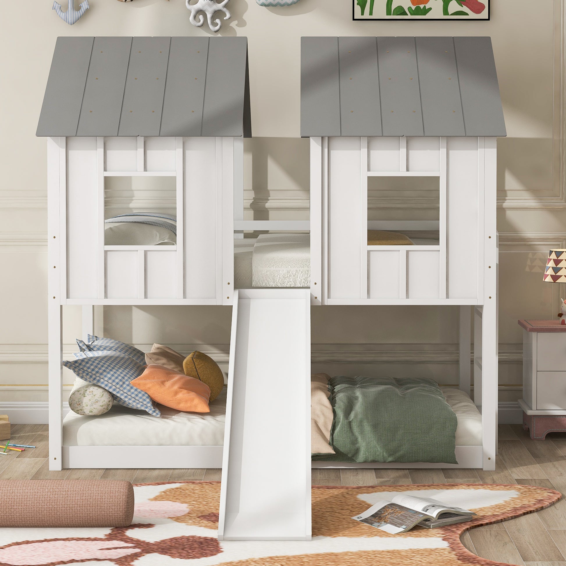 Twin Over Twin House Bunk Bed With Slide And Windows,White Old Sku:Gx000920Aak 1 White Pine