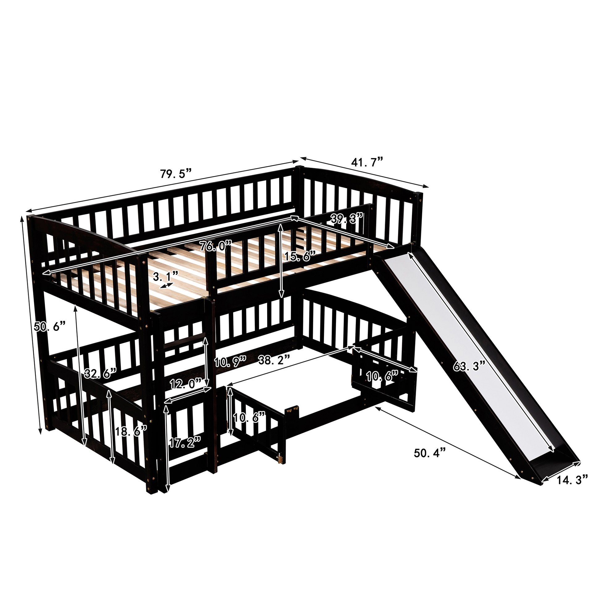 Bunk Bed With Slide,Twin Over Twin Low Bunk Bed With Fence And Ladder For Toddler Kids Teens Espresso Espresso Solid Wood