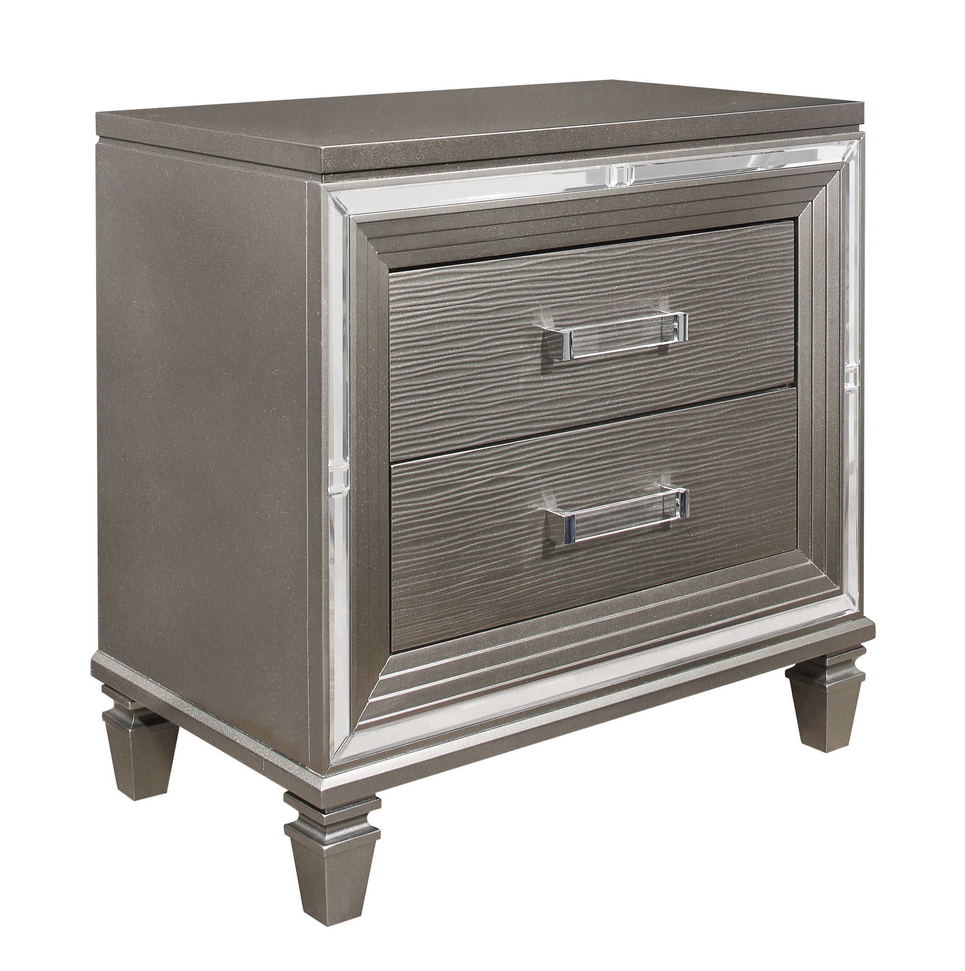 Elegant Style Silver Gray Metallic Finish Nightstand Beveled Mirror Trim Dovetail Drawers Wooden Furniture Gray 2 Drawers Bedroom Glam,Modern Wood