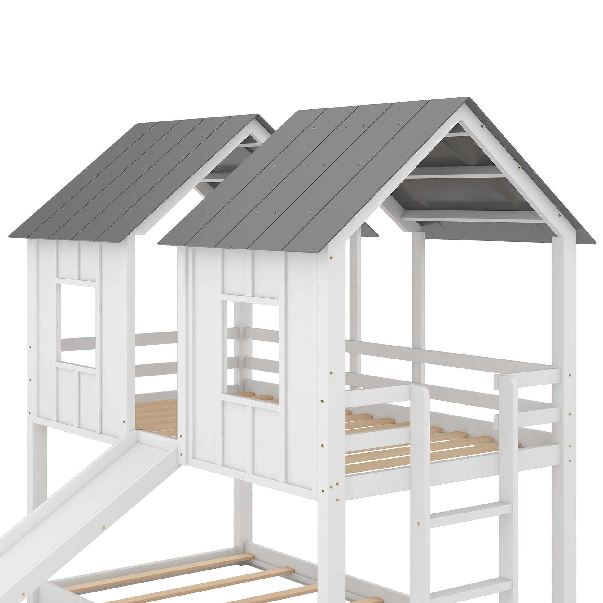 Twin Over Twin House Bunk Bed With Slide And Windows,White White Pine