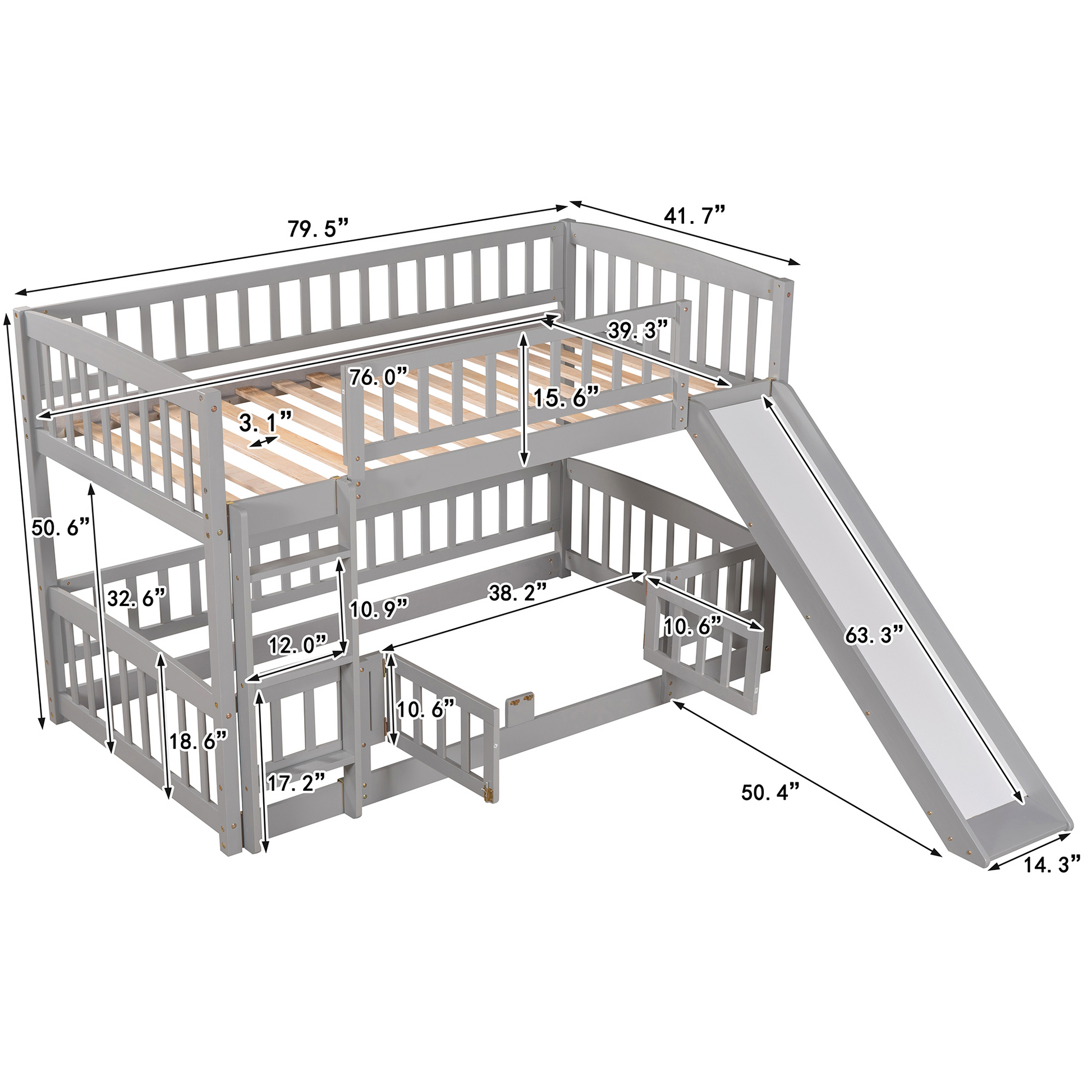 Bunk Bed With Slide,Twin Over Twin Low Bunk Bed With Fence And Ladder For Toddler Kids Teens Grey Grey Solid Wood