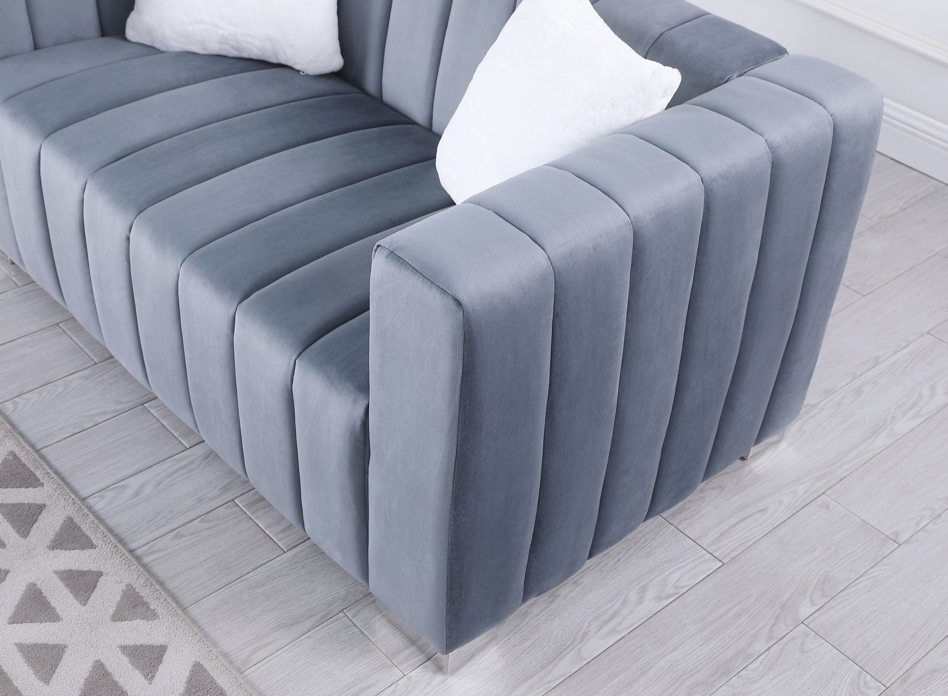 A Modern Channel Sofa Take On A Traditional Chesterfield,Grey Color,3 Seater Grey Velvet