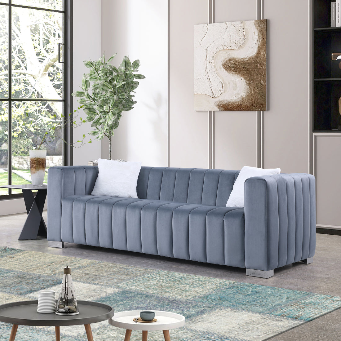 A Modern Channel Sofa Take On A Traditional Chesterfield,Grey Color,3 Seater Grey Velvet