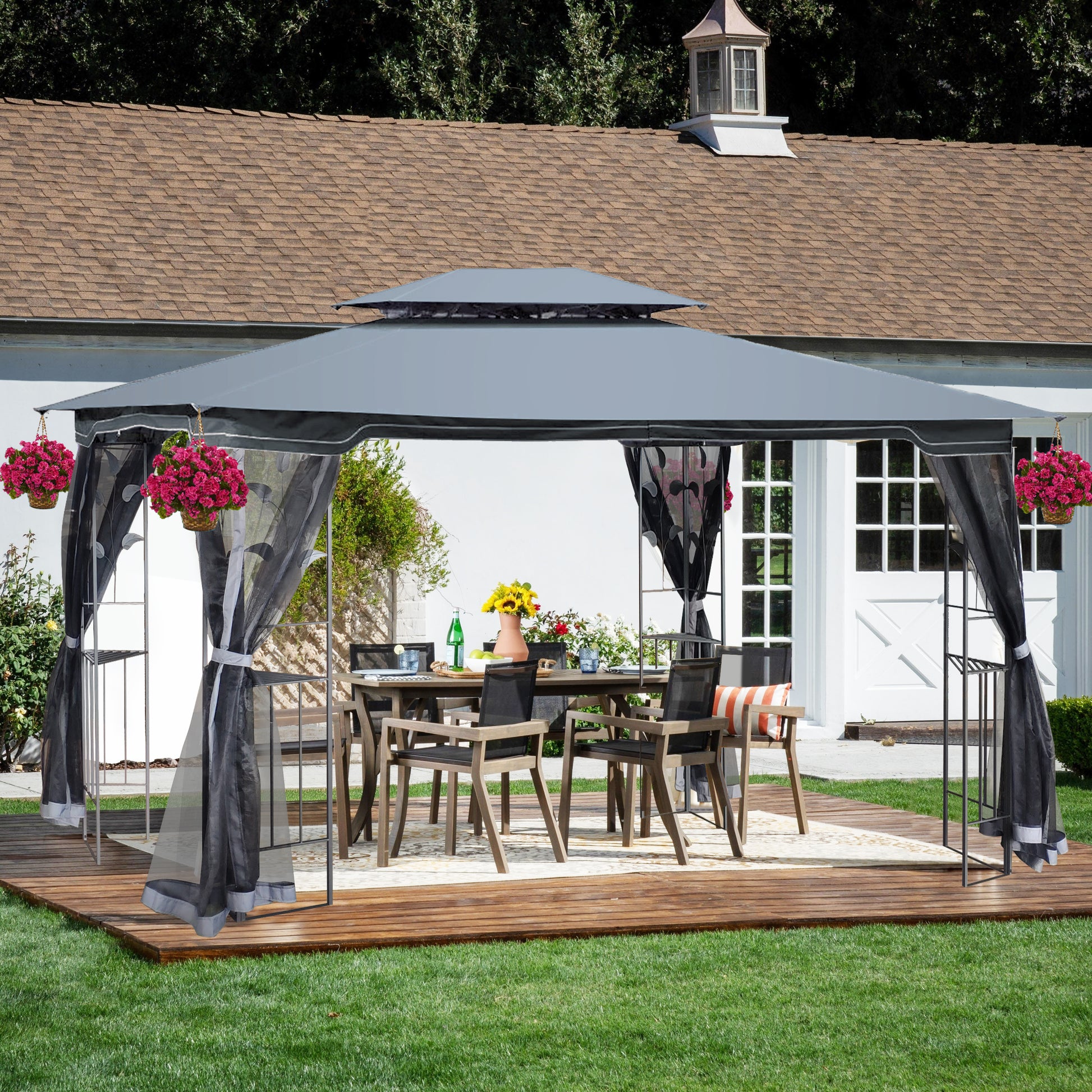 13X10 Outdoor Patio Gazebo Canopy Tent With Ventilated Double Roof And Mosquito Net Detachable Mesh Screen On All Sides ,Suitable For Lawn, Garden, Backyard And Deck,Gray Top Gray Metal