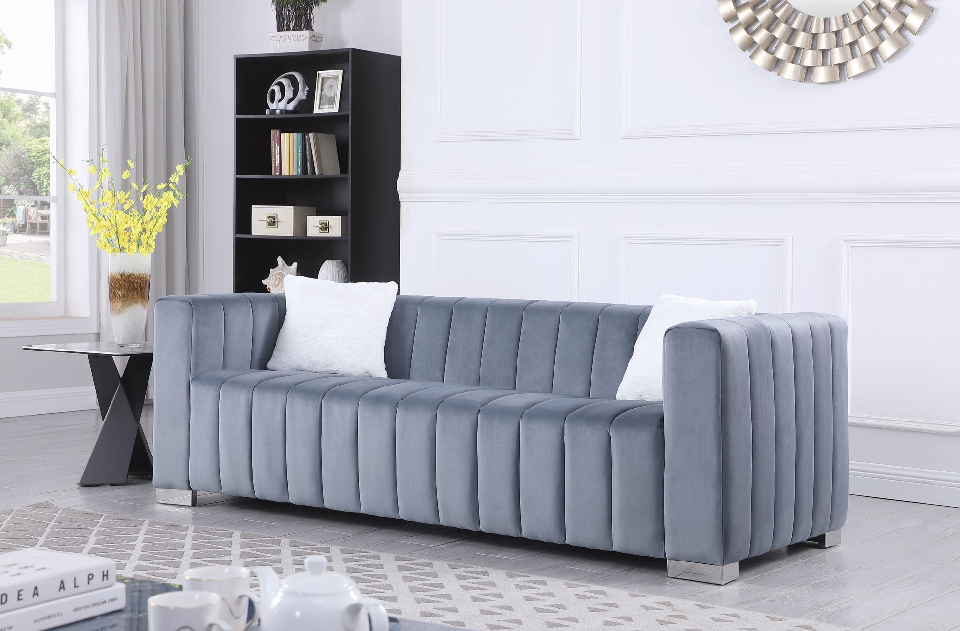 A Modern Channel Sofa Take On A Traditional Chesterfield,Grey Color,3 Seater Grey Velvet