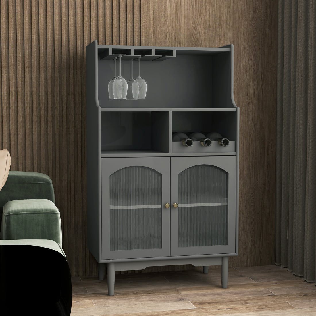 Living Room Grey Color Wine Cabinet With Removable Rack And Wine Glass Rack, One Cabinet With Glass Doors Grey Mdf