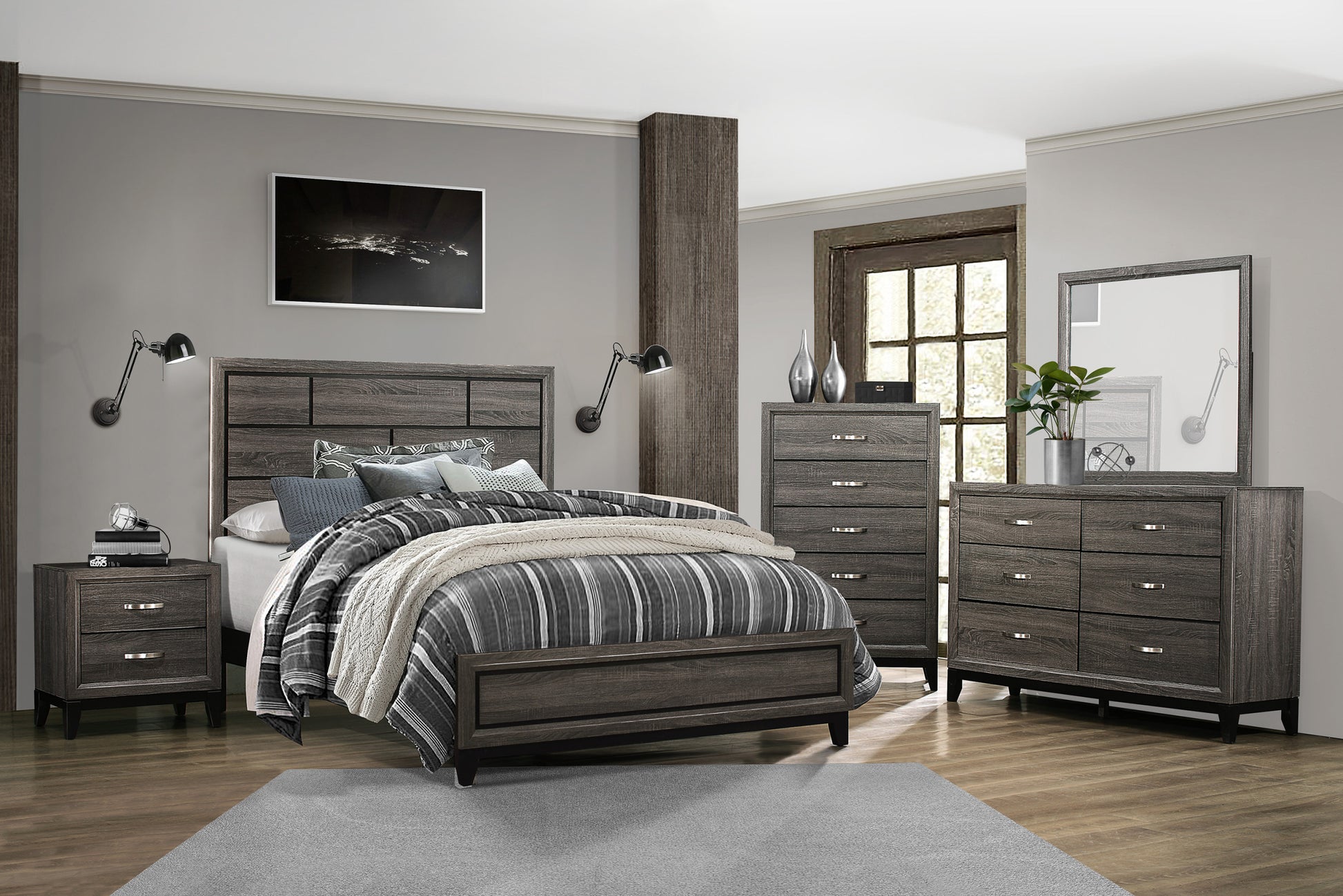 Contemporary Design Gray Finish 1Pc Chest Of Dovetail Drawers Polished Chrome Bar Pulls Bedroom Furniture Gray Bedroom Wood