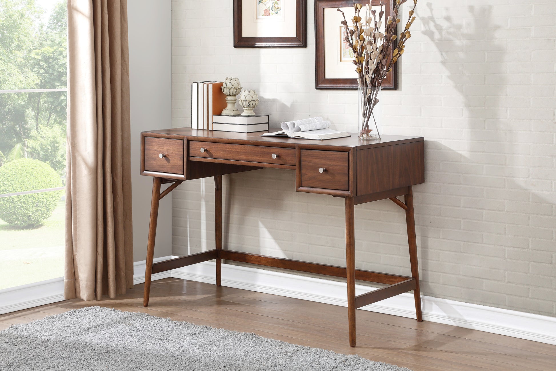 Modern Styling Counter Height Writing Desk Brown Finish Storage Drawers Nickel Knob Hardware Walnut Veneer Wood Furniture Brown Study Wood