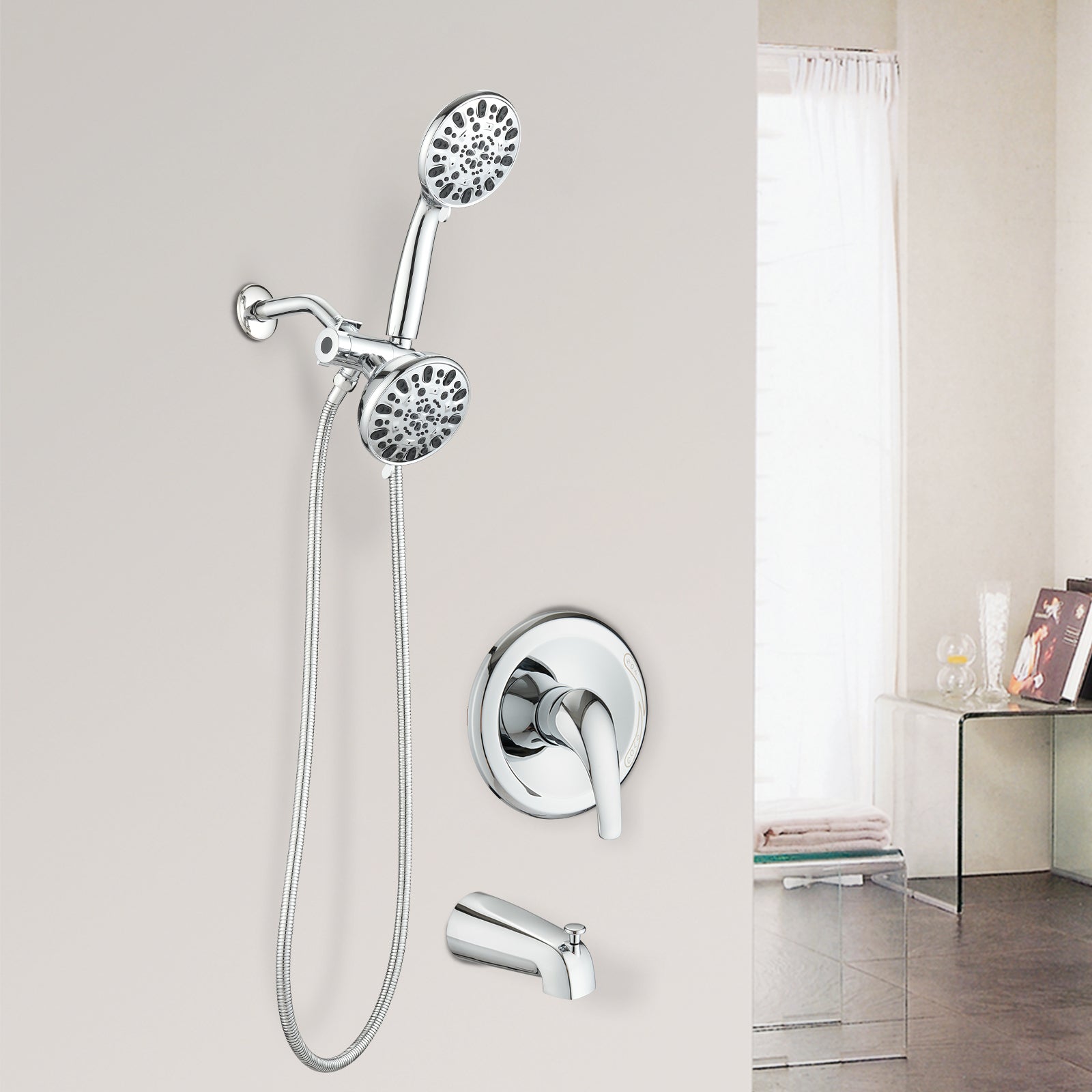 Shower System With Tub Spout Rain Shower Tub Set, High Pressure Dual 2 In 1 Shower Combo Faucet With Valve Chrome Abs