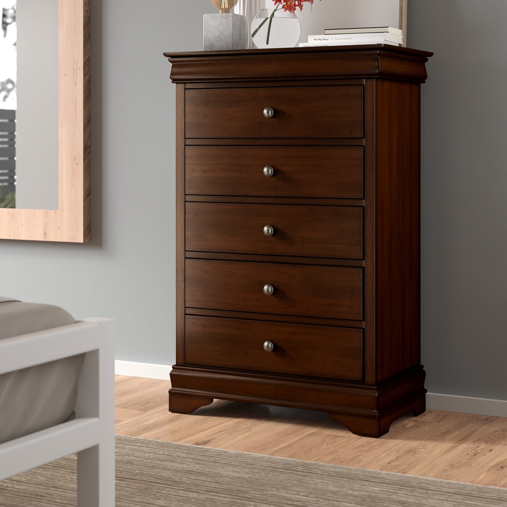 Louis Philippe Style 1Pc Chest Of Drawers Brown Cherry Finish Okume Veneer Bedroom Furniture Brown Mix Bedroom Traditional Wood