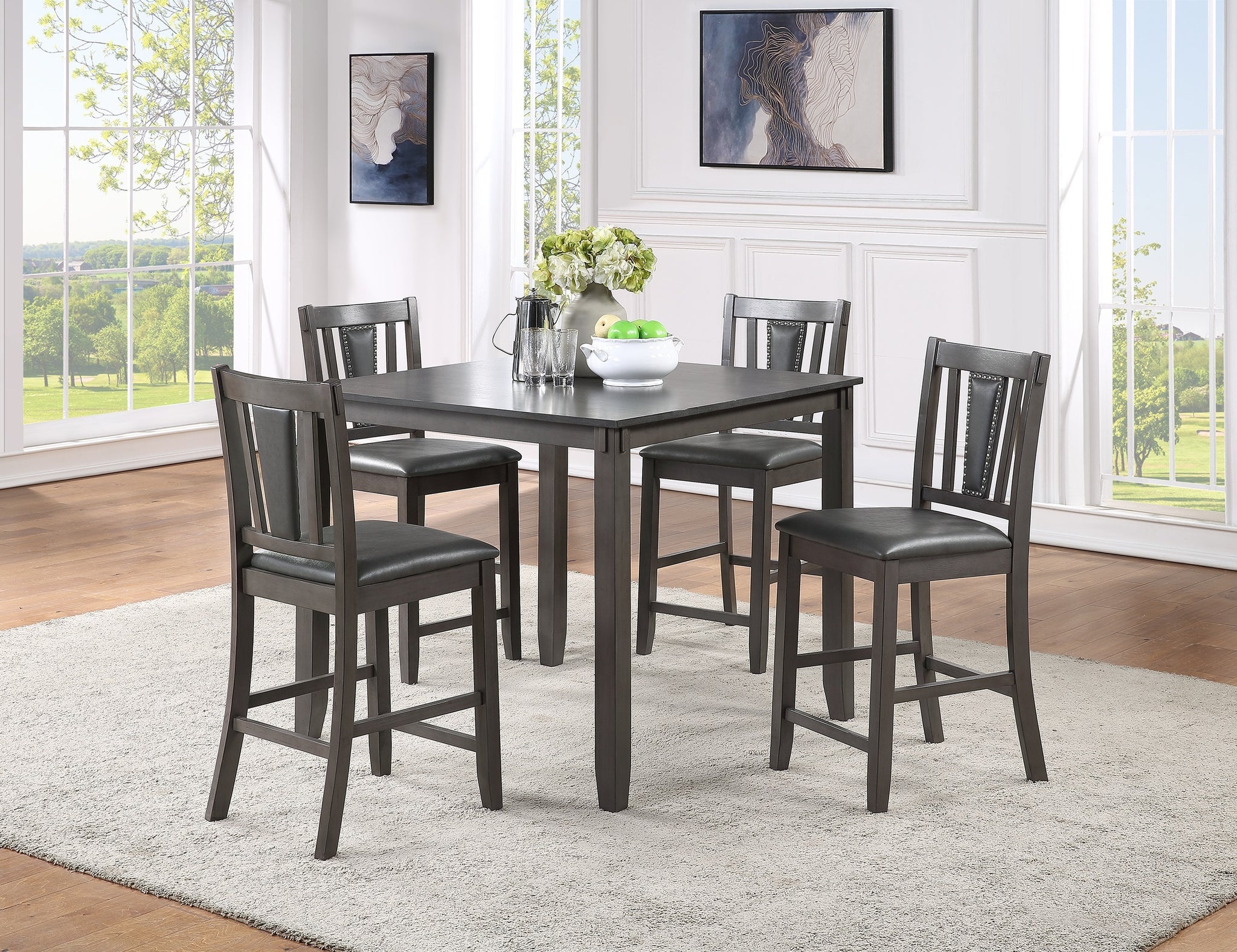 Grey Finish Dinette 5Pc Set Kitchen Breakfast Counter Height Dining Table W Wooden Top Upholstered Cushion 4X High Chairs Dining Room Furniture Gray Wood Dining Room Solid Wood Rubberwood Square Dining Table With Chair Wood Wood Grey Mix Seats 4 42