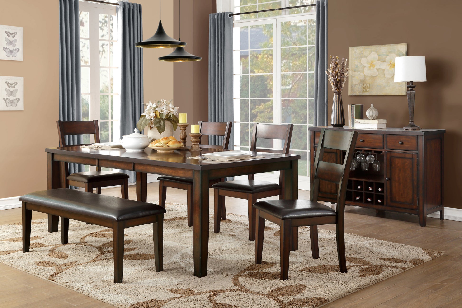 Cherry Finish Transitional 1Pc Dining Table With Extension Leaf Mango Veneer Wood Dining Furniture Cherry Dining Room Transitional Wood