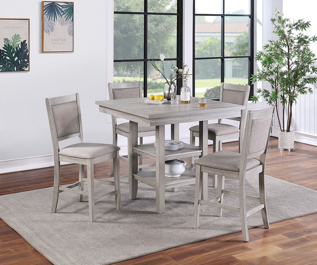 Dining Room Furniture Counter Height 5Pc Set Square Table W Shelves Cushion Chairs Modern Style Rustic Grey Wood Wood Gray Seats 4 Wood Dining Room Solid Wood Classic,Transitional Rubberwood 4 Leg Square Dining Table With Chair Solid Wood