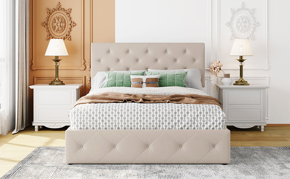 Full Size Upholstered Platform Bed With A Hydraulic Storage System Beige Beige Upholstered