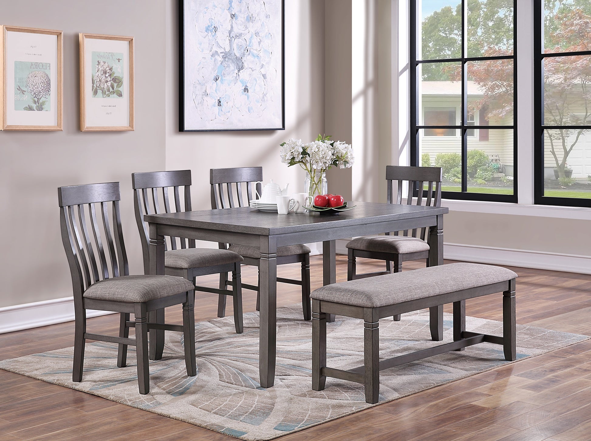 Dining Room Furniture Simple 6Pc Set Dining Table 4X Side Chairs And A Bench Solid Wood And Veneers Wood Dining Room Solid Wood Rubberwood Rectangular Dining Table With Chair And Bench Wood Wood Grey Mix Slat Back Seats 6 60 Inches