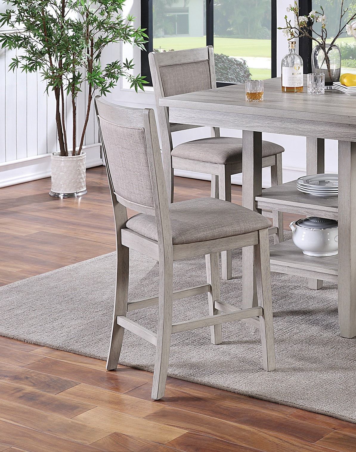 Dining Room Furniture Counter Height 5Pc Set Square Table W Shelves Cushion Chairs Modern Style Rustic Grey Wood Wood Gray Seats 4 Wood Dining Room Solid Wood Classic,Transitional Rubberwood 4 Leg Square Dining Table With Chair Solid Wood