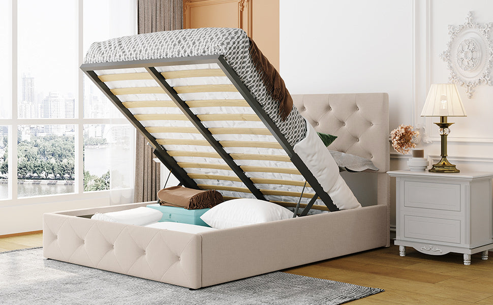 Full Size Upholstered Platform Bed With A Hydraulic Storage System Beige Beige Upholstered