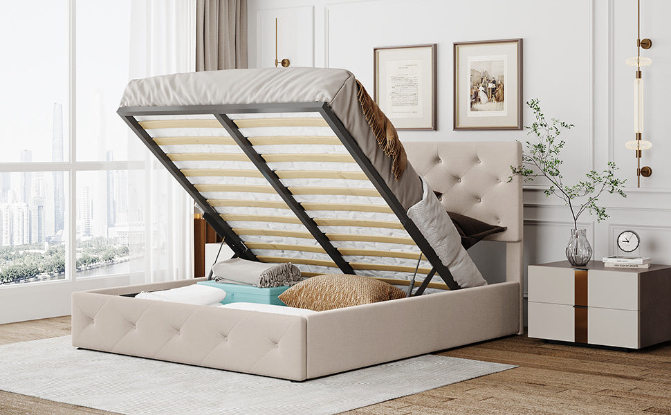 Queen Size Upholstered Platform Bed With A Hydraulic Storage System Beige Beige Upholstered
