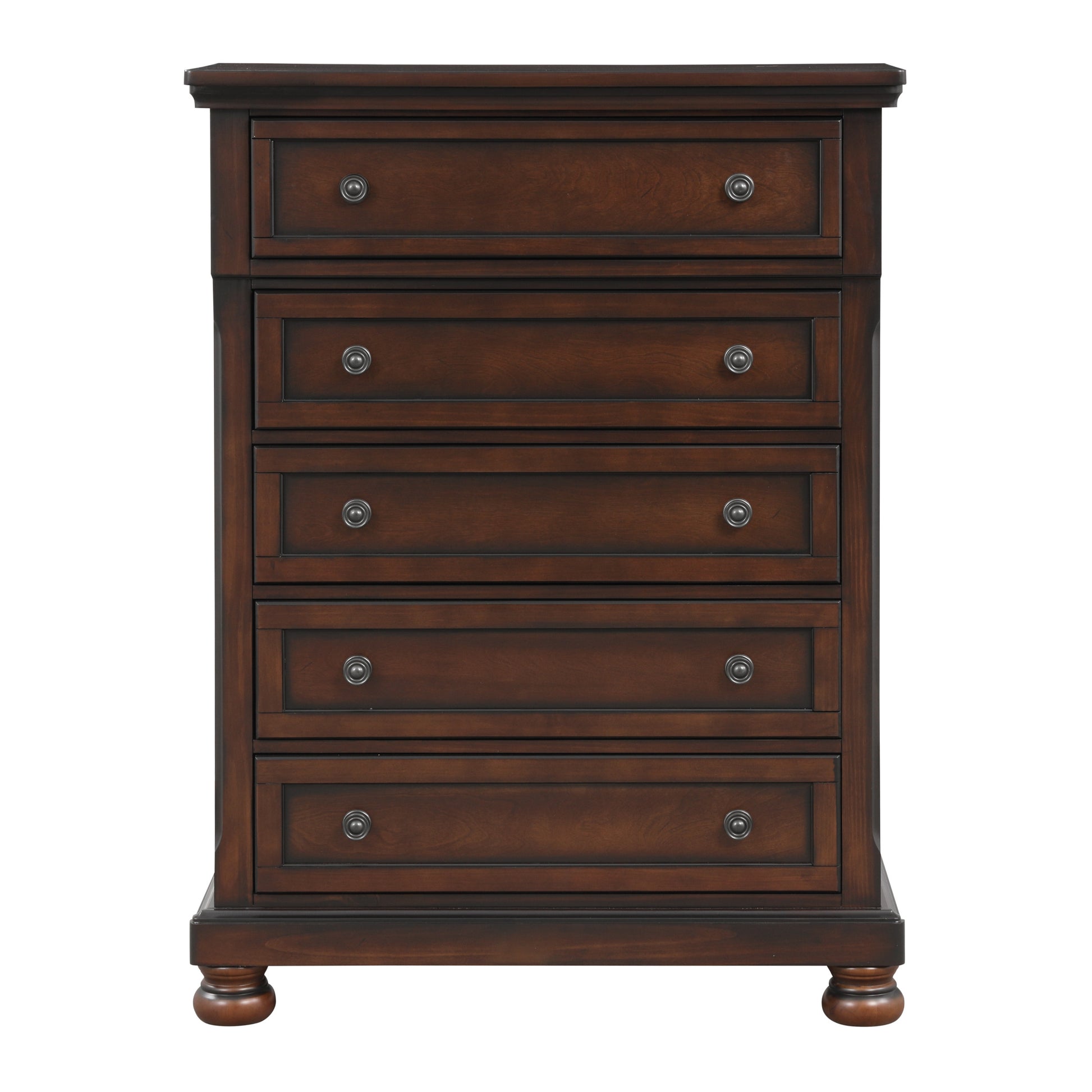 Transitional Bedroom 1Pc Chest Of Five Drawers Bun Feet Brown Cherry Finish Birch Veneer Home Furniture Brown Mix Wood