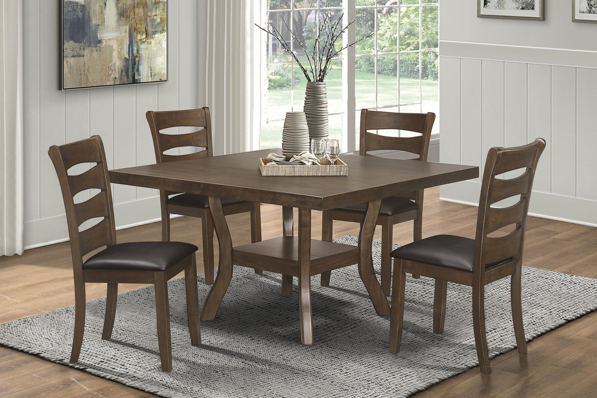 Transitional Dining Room Furniture 5Pc Dining Set Table W Self Storing Leaf And 4X Side Chairs Brown Finish Wooden Furniture Wood Wood Brown Seats 4 Wood Dining Room Self Storing Leaf Extendable Transitional Dining Table With Chair Wood