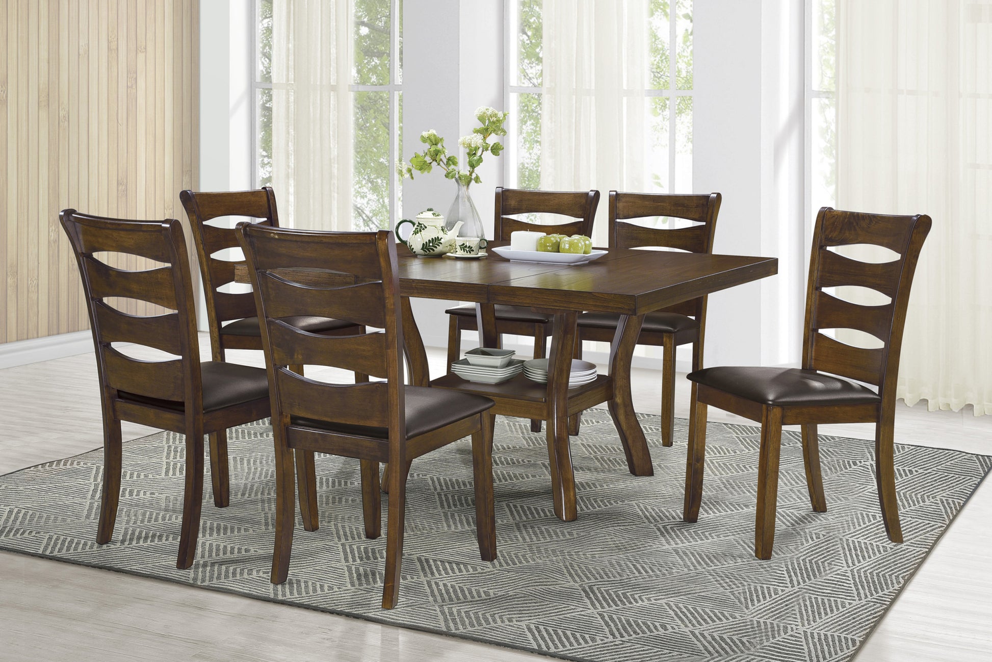 Transitional Dining Room Furniture 7Pc Dining Set Table W Self Storing Leaf And 6X Side Chairs Brown Finish Wooden Furniture Wood Wood Brown Seats 6 Wood Dining Room Self Storing Leaf Extendable Transitional Dining Table With Chair Wood