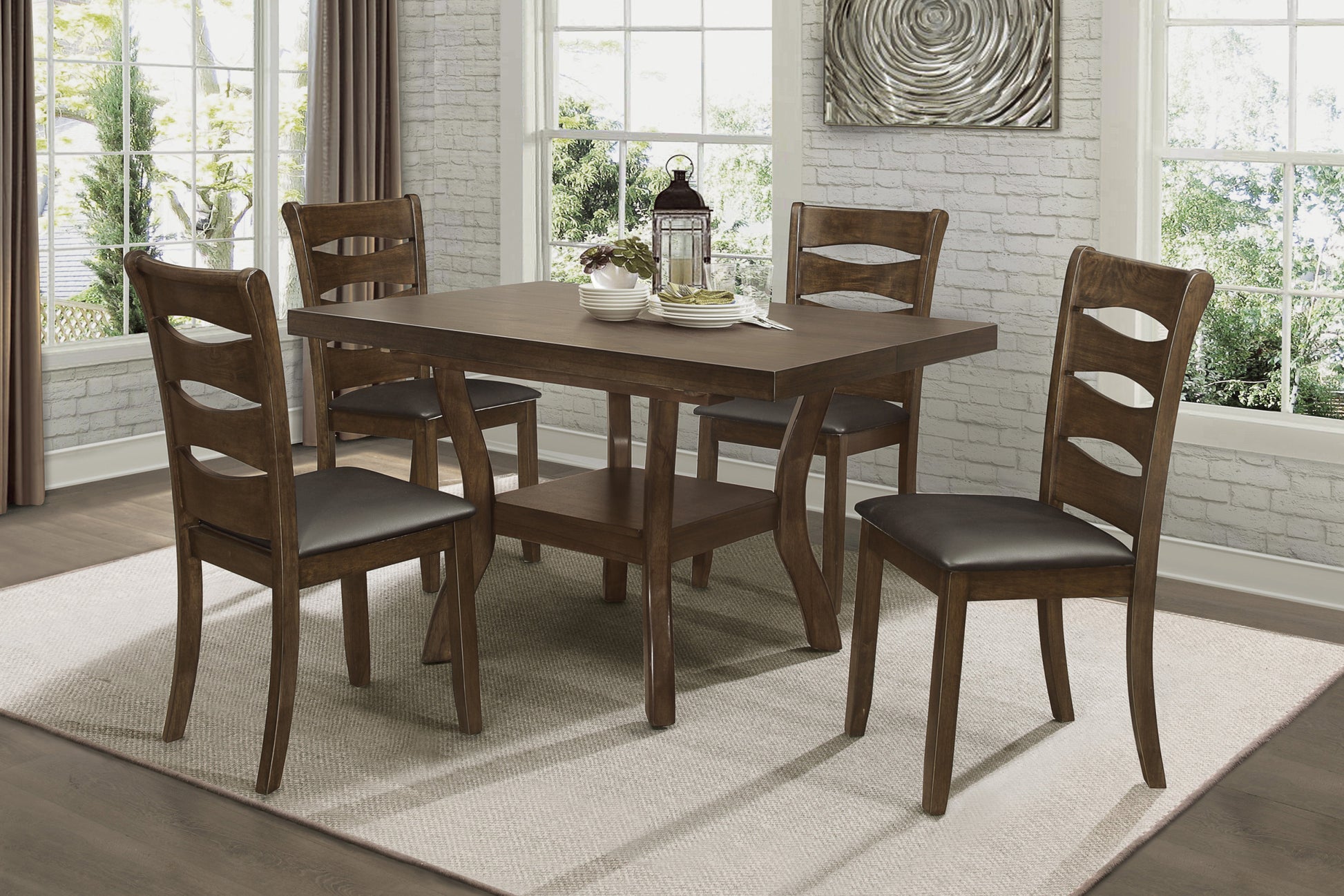 Transitional Brown Finish Dining Table With Lower Display Shelf And Extension Leaf Mindy Veneer Wood Dining Room Furniture Brown Dining Room Wood