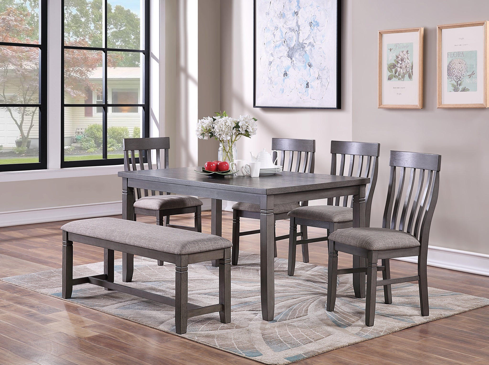 Dining Room Furniture Simple 6Pc Set Dining Table 4X Side Chairs And A Bench Solid Wood And Veneers Wood Dining Room Solid Wood Rubberwood Rectangular Dining Table With Chair And Bench Wood Wood Grey Mix Slat Back Seats 6 60 Inches